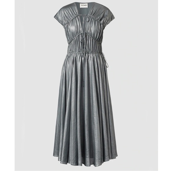 NWT Tove Ceres Metallic Silk Midi Dress Silver FR: 38 = US Size: 6 New with Tags - Picture 1 of 16